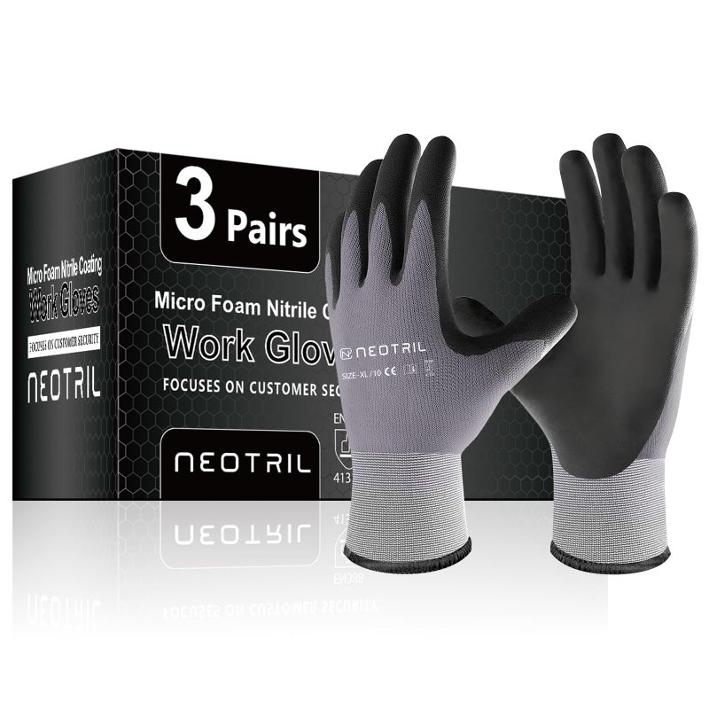 NEOTRIL Safety Work Gloves MicroFoam Nitrile Coated-3 Pairs, Seamless Knit Nylon Bulk Pack Working Gloves with Grip for Men Women Light Duty Work,Automotive,Warehouse (Gray,S) - Image 1