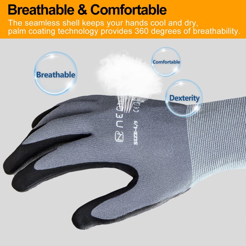 NEOTRIL Safety Work Gloves MicroFoam Nitrile Coated-3 Pairs, Seamless Knit Nylon Bulk Pack Working Gloves with Grip for Men Women Light Duty Work,Automotive,Warehouse (Gray,S) - Image 3