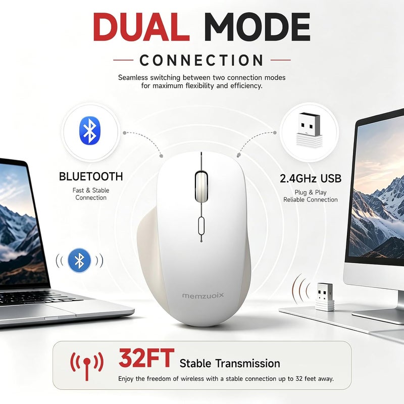 ماوس لاسلكي من (BT5.3 و2.4G) قابل للشحن 800/1200/1600 DPI صامت USB C وماوس بلوتوث 4 أزرار - كريمي أبيض - Image 2