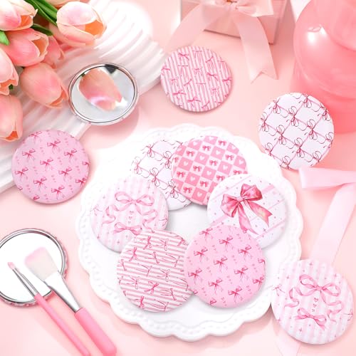 Geelin 12 Pcs Pink Compact Mirror Bulk Pink Bow Party Favors Coquette Aesthetic Mini Mirror for Purse Pocket Women Girl Birthday Valentines Day Gift Wedding Bridal Shower - Image 2