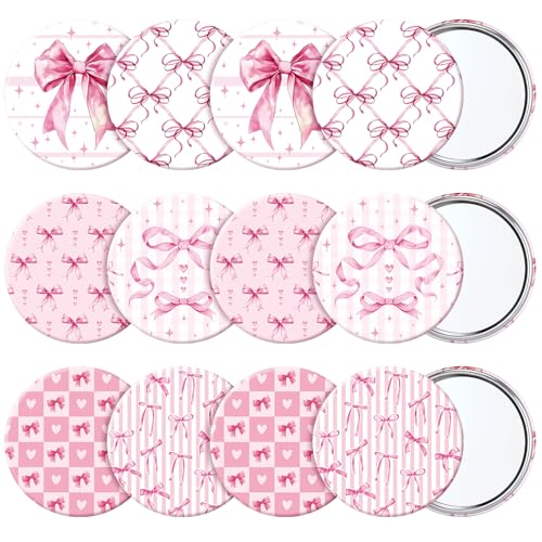 Geelin 12 Pcs Pink Compact Mirror Bulk Pink Bow Party Favors Coquette Aesthetic Mini Mirror for Purse Pocket Women Girl Birthday Valentines Day Gift Wedding Bridal Shower - Image 1