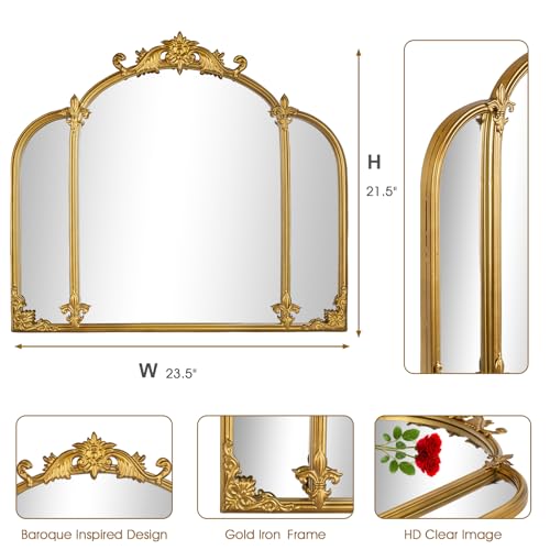 Fitous 24"x22" Gold Arch Wall Mirror, Vintage Ornate Baroque Mirror with Metal Frame, Decorative Vanity Mirror for Dresser, Bedroom, Bathroom, Fireplace, Entryway, Hallway - Image 4