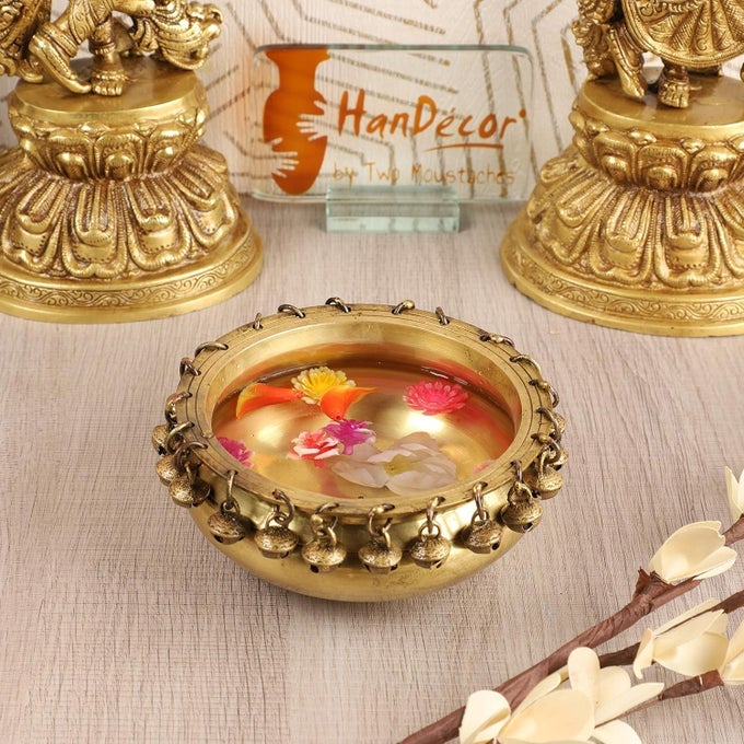 ETHNIC TRADITIONAL 6 INCHES BRASS URLI BOWL WITH BELLS SHOWPIECE BRASS URLI FOR DECOR HOUSEWARMING GIFTS STANDARD PACK OF 1