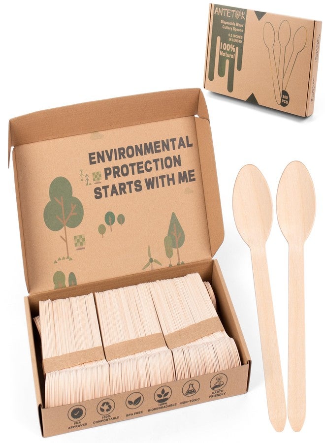 ANTETOK Disposable Wood Cutlery Spoons - 300 Pack Wooden Spoons Disposable,Biodegradable and Earth Friendly, 6.3 Inch Length Wood Spoons - Image 1