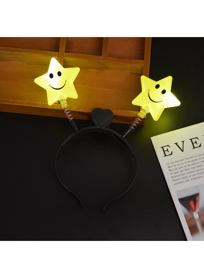 National Day Performance Props Decoration Luminous Headwear Yellow Five-pointed Star Spring Headband Star Headband Hair Card Gift-Color:Five-pointed Star Spring Headband (smiling Face 2) - Image 1