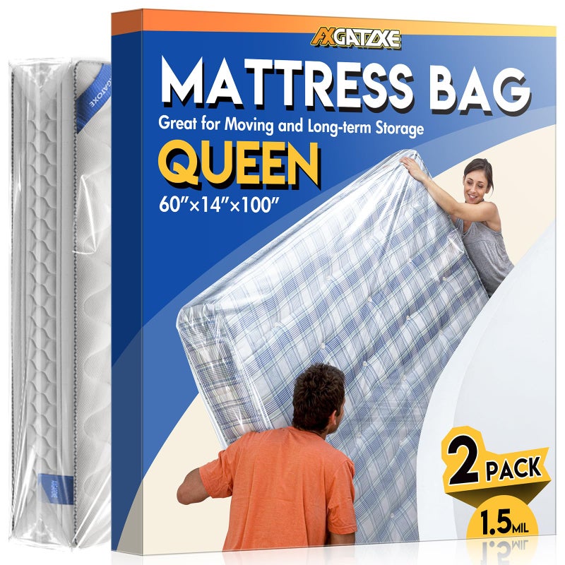 Axgatoxe Plastic Mattress Bag for Moving Storage, Waterproof Mattress Cover, Mattress Protector for Moving Supplies (1.5mil, Queen - 2pack) - Image 1