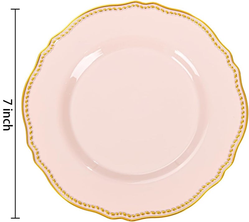 Hioasis 60pcs Pink Plastic Plates - Pink and Gold Disposable Dinnerware with Gold Rim, Heavy-duty, 7 inch, Dessert Plates for Party & Easter - Image 3