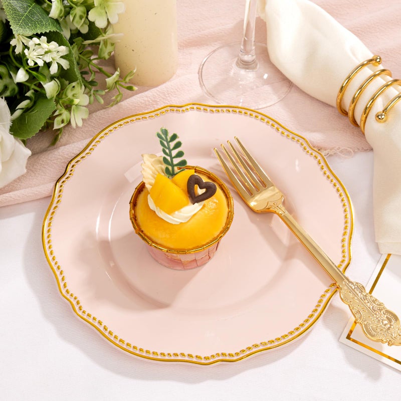 Hioasis 60pcs Pink Plastic Plates - Pink and Gold Disposable Dinnerware with Gold Rim, Heavy-duty, 7 inch, Dessert Plates for Party & Easter - Image 4