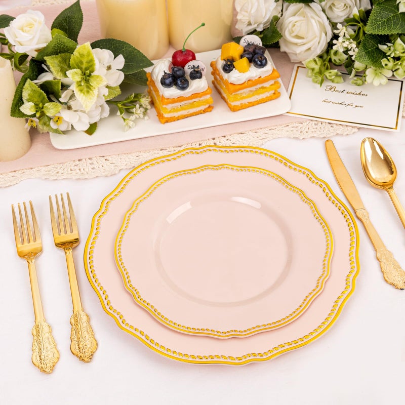 Hioasis 60pcs Pink Plastic Plates - Pink and Gold Disposable Dinnerware with Gold Rim, Heavy-duty, 7 inch, Dessert Plates for Party & Easter - Image 5