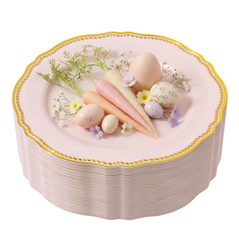 Hioasis 60pcs Pink Plastic Plates - Pink and Gold Disposable Dinnerware with Gold Rim, Heavy-duty, 7 inch, Dessert Plates for Party & Easter - Image 1