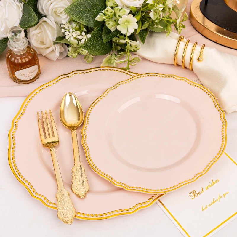 Hioasis 60pcs Pink Plastic Plates - Pink and Gold Disposable Dinnerware with Gold Rim, Heavy-duty, 7 inch, Dessert Plates for Party & Easter - Image 2