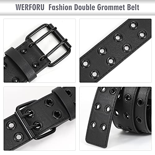 WERFORU Grommet Leather Belt, Women Men Black Belt with Double Studded Holes - Image 3