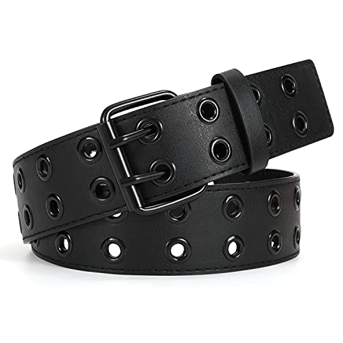 WERFORU Grommet Leather Belt, Women Men Black Belt with Double Studded Holes - Image 2