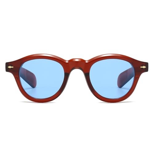 JOVAKIT Trendy Round Sunglasses for Women Men 90s Retro Vintage Classic Fashion Round Frame Sun Glasses Black Shades (Brown/Blue) - Image 2