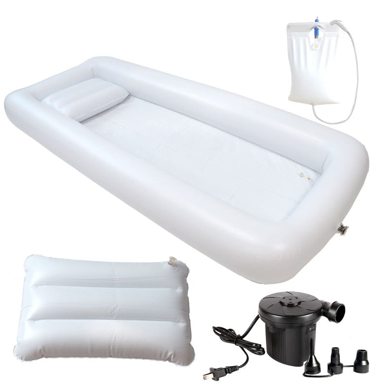 Timisea Medical Inflatable Bathtub Portable Bed for Geriatric Elderly Disabled Bedridden Patients Handicapped Air Pump Adult PVC Bathtub with Water Bag Air Pillow Bath in Bed Single Layer