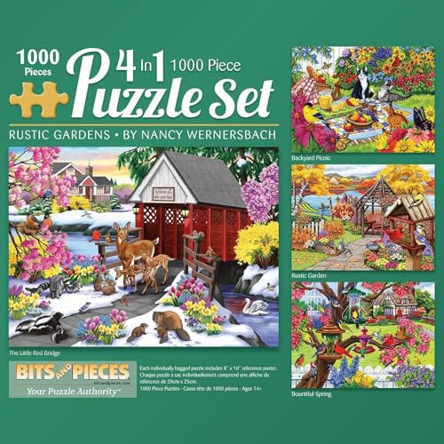 Bits and Pieces 4in1 MultiPack 1000 Piece Jigsaw Puzzles for AdultsEach Measures 20 x 27 51cm x 69cmRustic Garden by Artist Nancy Wernersbach - Image 1