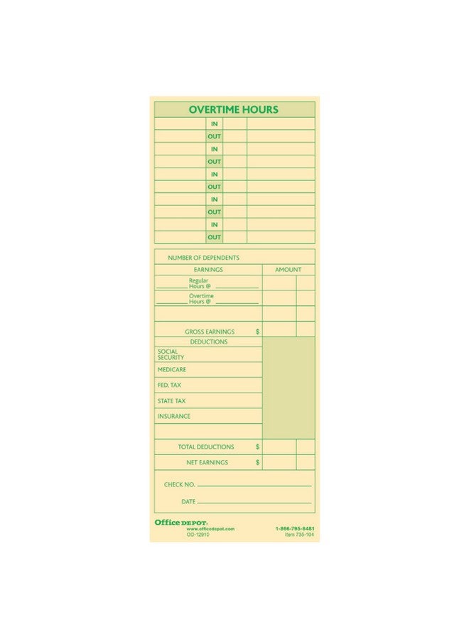 Office Depot Time Cards With Deductions, Weekly, Monday-Sunday Format, 2-Sided, 3 3/8In X 8 7/8In, Manila, Pk Of 100, Gb-735104 - Image 2