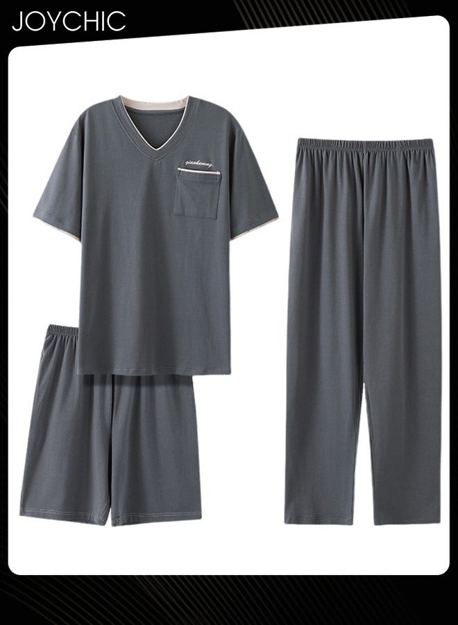 Joychic 3-piece Classic Spring and Autumn Pajamas Set for Men Modal Skin-friendly Short-sleeved Trousers Sleepwear Cotton Silk V Neck Home Clothes with Pockets Grey - Image 1