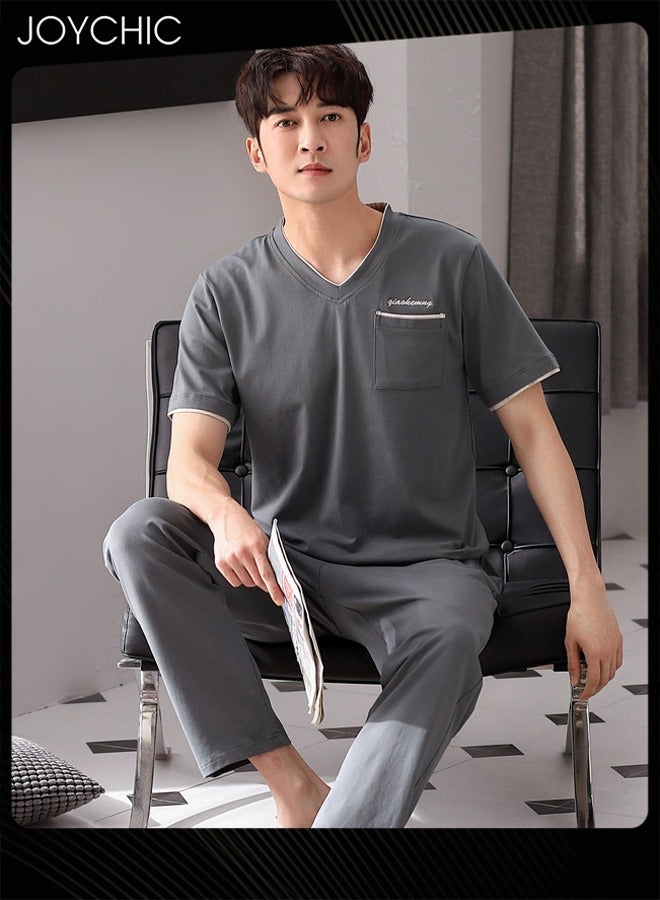 Joychic 3-piece Classic Spring and Autumn Pajamas Set for Men Modal Skin-friendly Short-sleeved Trousers Sleepwear Cotton Silk V Neck Home Clothes with Pockets Grey - Image 2