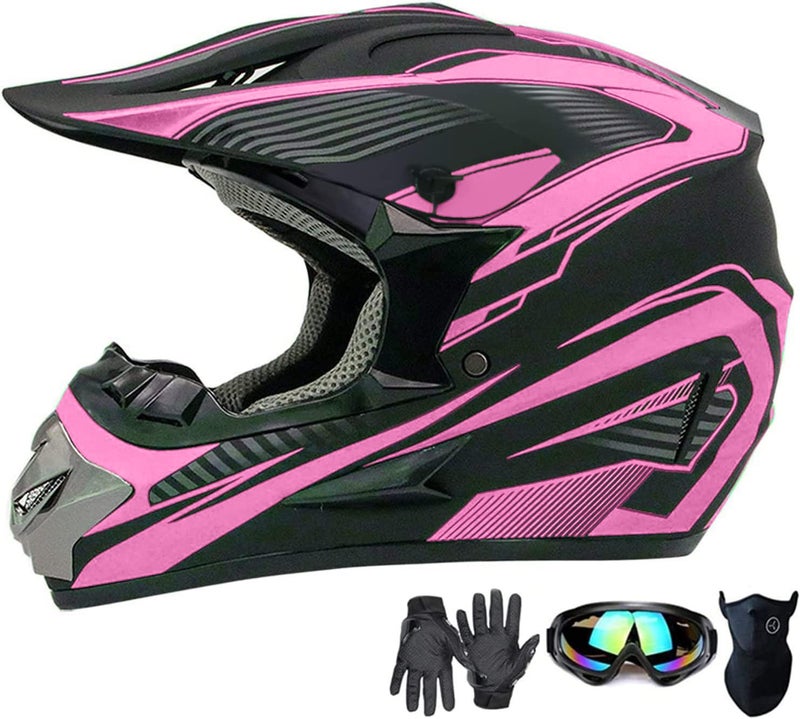 Motocross HelmetAdult Youth Trend Full Face HelmetATV Motorcycle HelmetDirt Bike Downhill OffRoad Mountain Bike HelmetDOT Certified4Piece Set Pink L