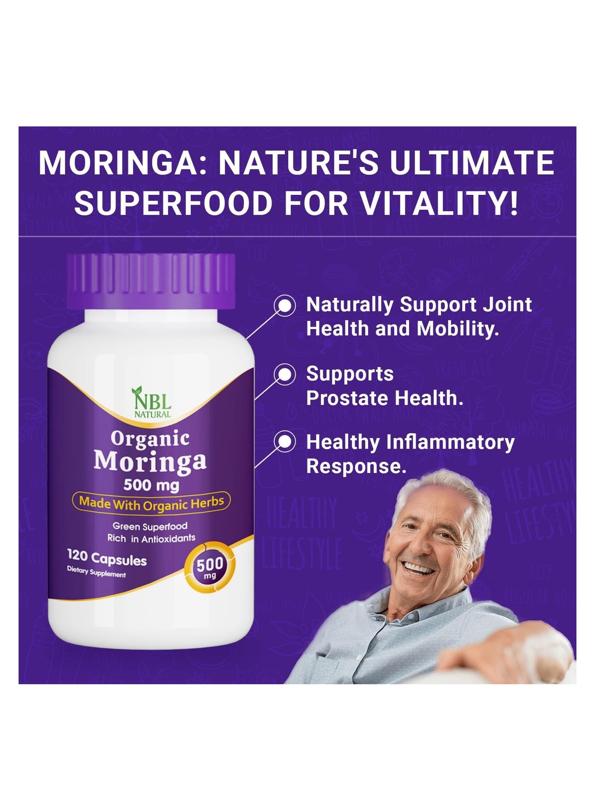 Nbl Natural Organic Moringa Energy Metabolism Immune Support 500Mg Capsules 120'S
