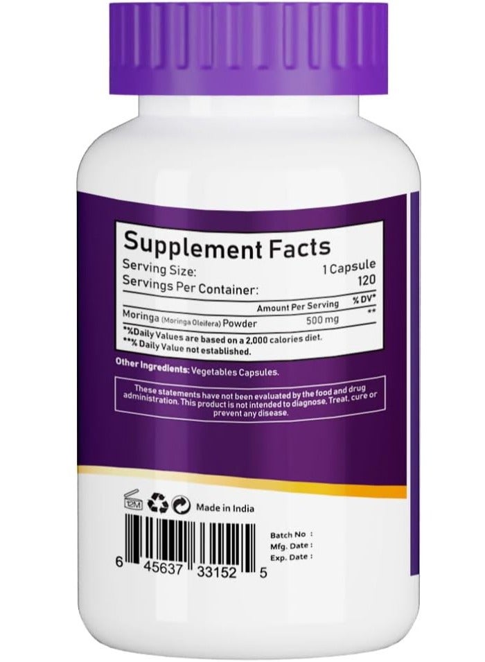 Nbl Natural Organic Moringa Energy Metabolism Immune Support 500Mg Capsules 120'S