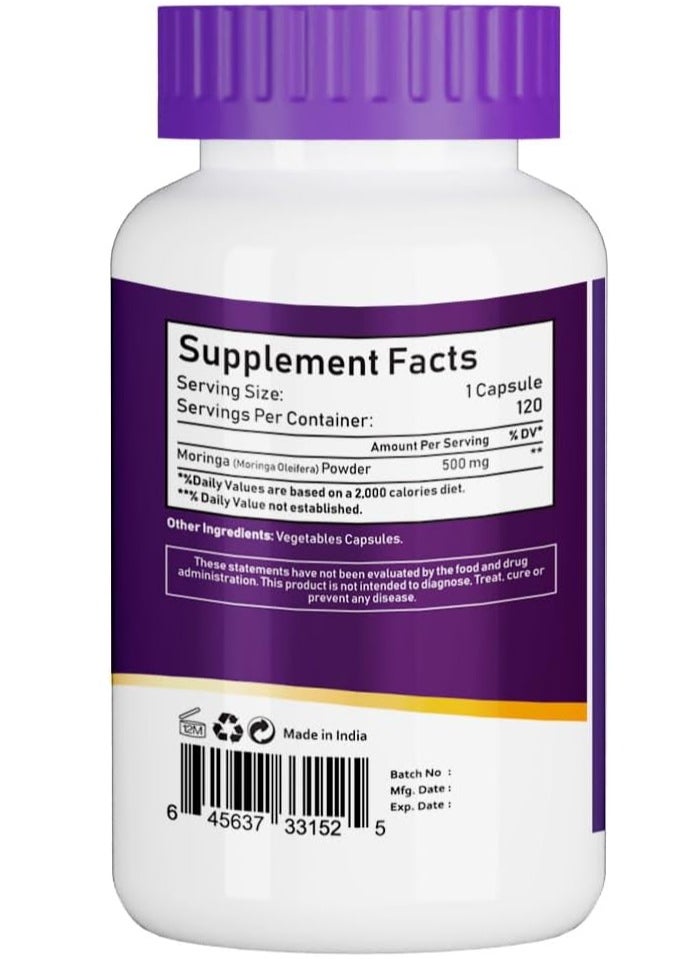 NBL Natural Organic Moringa 500mg, Energy, Metabolism, & Immune Support, 120 Capsules  - Image 2