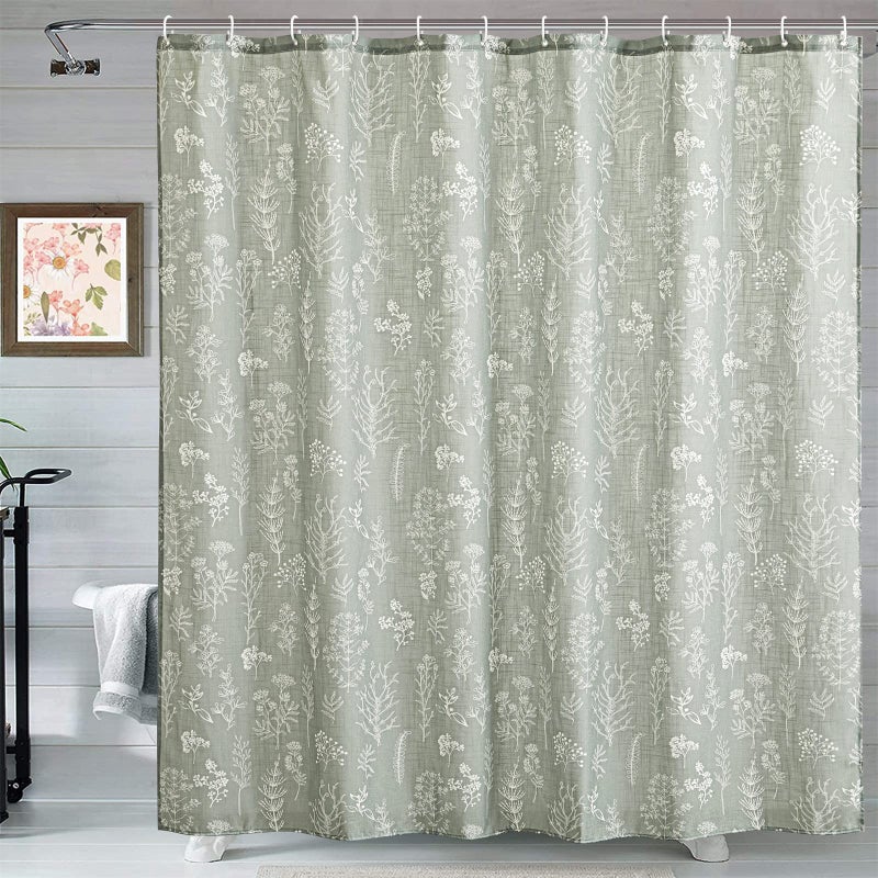 Estmy Green Botanical Linen Shower Curtain Extra Long 84 Inches Long Spring Summer Boho Plants Leaves Textured Fabric Bathroom Shower Curtain Set Modern Farmhosue Vintage Bathroom Decor
