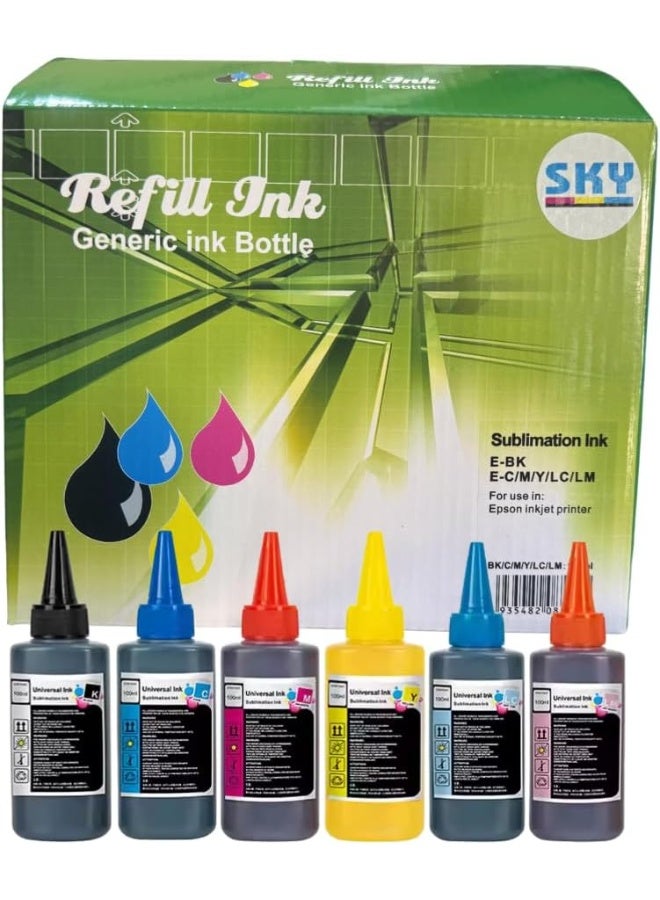 SKY 6-Color Sublimation Refill Ink for Epson Printer 100ml x 6 (Black, Cyan, Magenta, Yellow, Light Cyan and Light Magenta) - Image 1