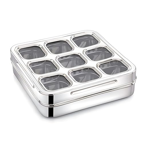 GALOOF Stainless Steel 9 In 1 Square Masala Box | Spice Box Organizer With 9 Removable Compartment | Big Size Dry Fruit Box (9-IN-1) - Image 5