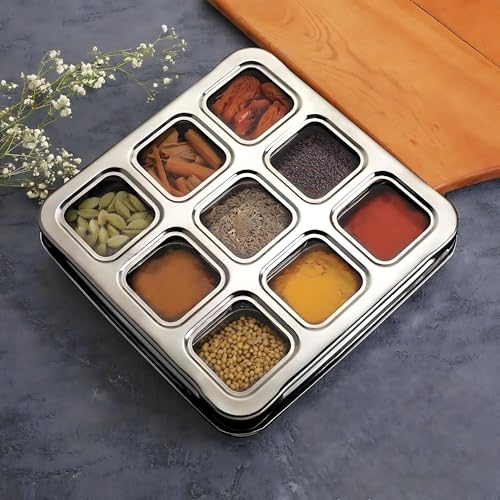 GALOOF Stainless Steel 9 In 1 Square Masala Box | Spice Box Organizer With 9 Removable Compartment | Big Size Dry Fruit Box (9-IN-1) - Image 3