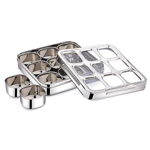 GALOOF Stainless Steel 9 In 1 Square Masala Box | Spice Box Organizer With 9 Removable Compartment | Big Size Dry Fruit Box (9-IN-1) - Image 2