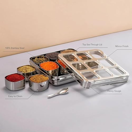 GALOOF Stainless Steel 9 In 1 Square Masala Box | Spice Box Organizer With 9 Removable Compartment | Big Size Dry Fruit Box (9-IN-1) - Image 4
