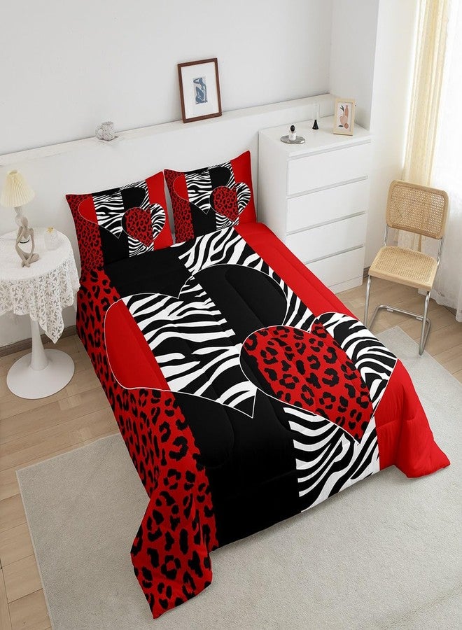 Homewish Zebra Leopard Comforter Set Queen Size,Wild Animal Fur Bedding Set Kids Women Girls Teens Room Decor,Love Heart Print Romantic Quilt Set 3Pcs,Black Red Geometric Stripes Duvet Insert,2 Pillowcases - Image 3