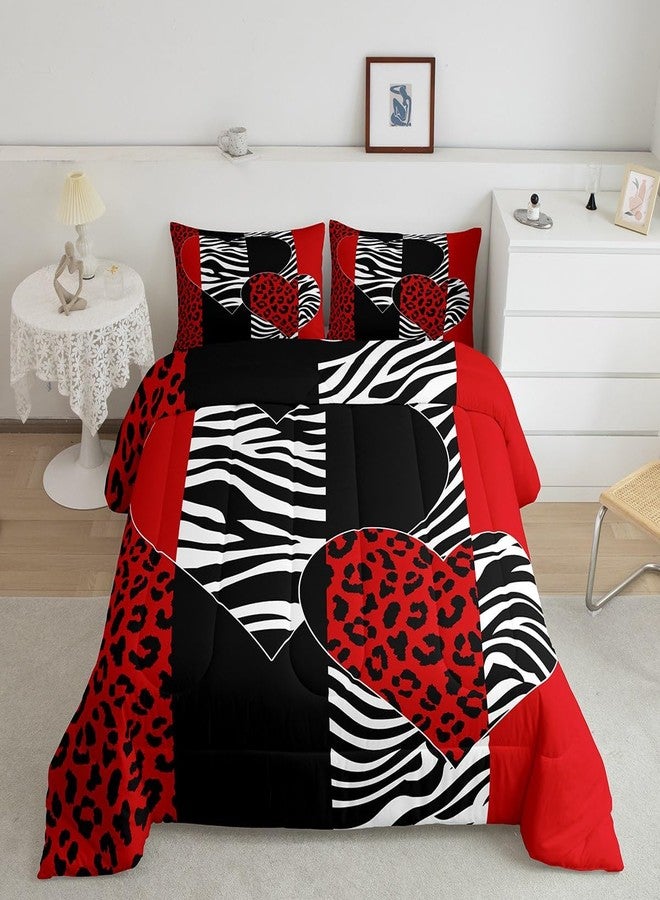Homewish Zebra Leopard Comforter Set Queen Size,Wild Animal Fur Bedding Set Kids Women Girls Teens Room Decor,Love Heart Print Romantic Quilt Set 3Pcs,Black Red Geometric Stripes Duvet Insert,2 Pillowcases - Image 1