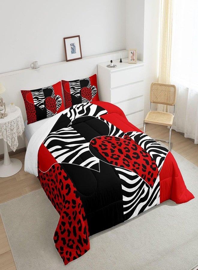 Homewish Zebra Leopard Comforter Set Queen Size,Wild Animal Fur Bedding Set Kids Women Girls Teens Room Decor,Love Heart Print Romantic Quilt Set 3Pcs,Black Red Geometric Stripes Duvet Insert,2 Pillowcases - Image 4