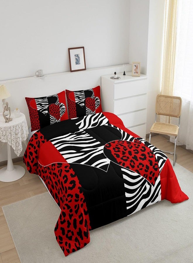 Homewish Zebra Leopard Comforter Set Queen Size,Wild Animal Fur Bedding Set Kids Women Girls Teens Room Decor,Love Heart Print Romantic Quilt Set 3Pcs,Black Red Geometric Stripes Duvet Insert,2 Pillowcases - Image 2