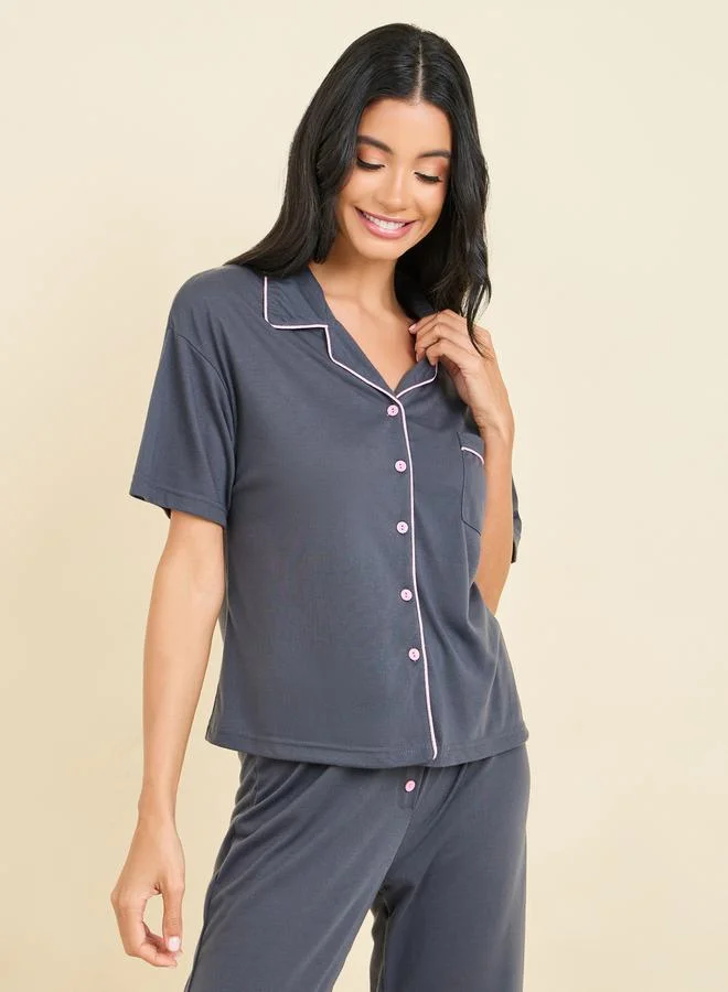 ستايلي Contrast Piped Detail Shirt and Button Detail Pyjama Set