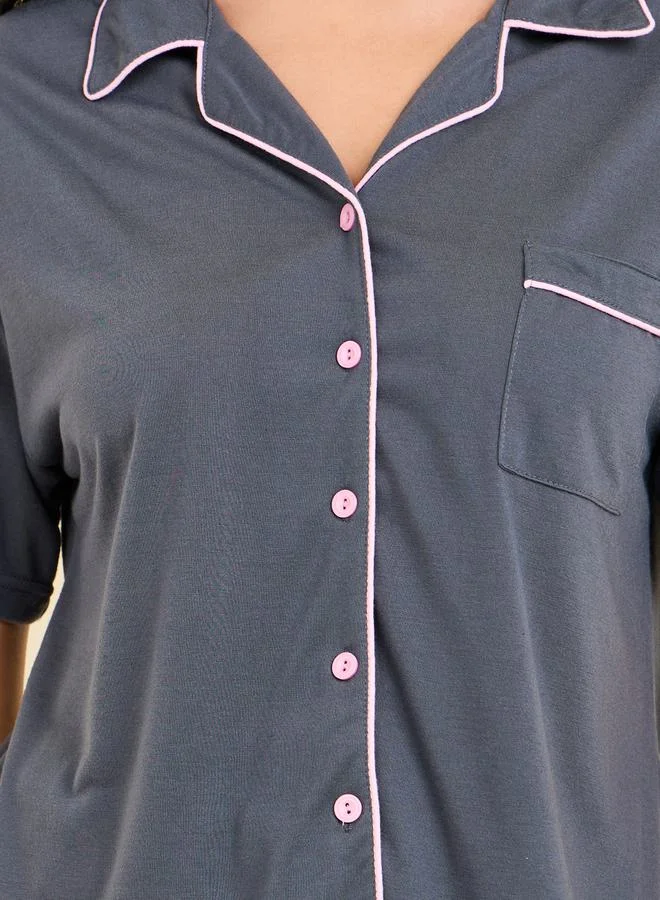 ستايلي Contrast Piped Detail Shirt and Button Detail Pyjama Set
