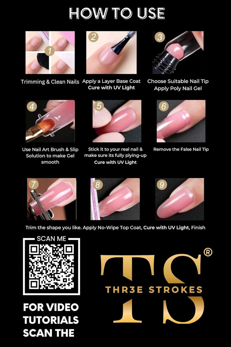 THR3E STROKES Poly Nail Gel Extension Kit for Builder Gel UV Nail Art Kit Nail Extension Set Nude Pink White 62 Items in the set MINIMUM 180S TO DRYBEGGINERS KIT 2 - Image 5
