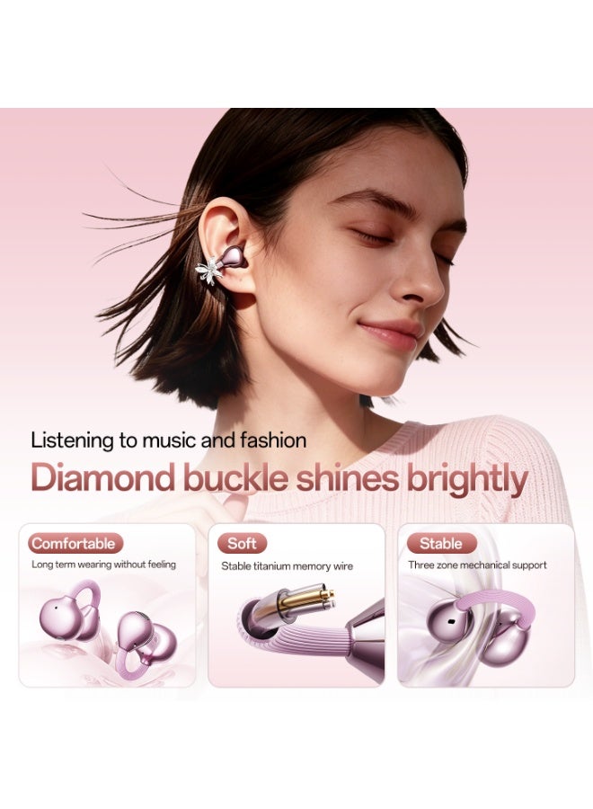 caijin （Not wearing earrings）Clip-on Open-Ear Bluetooth Earbuds — Comfortable non-in-ear design; heart-shaped aesthetic featuring a charging case with a built-in mirror; Bluetooth 6.0, IPX6 water resistance, noise-canceling microphone, 40-hour battery life, metallic finish, and portable design; ideal for women as a gift, or for use during workouts or commuting - Image 2