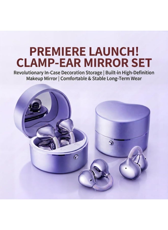 caijin （Not wearing earrings）Clip-on Open-Ear Bluetooth Earbuds — Comfortable non-in-ear design; heart-shaped aesthetic featuring a charging case with a built-in mirror; Bluetooth 6.0, IPX6 water resistance, noise-canceling microphone, 40-hour battery life, metallic finish, and portable design; ideal for women as a gift, or for use during workouts or commuting - Image 5