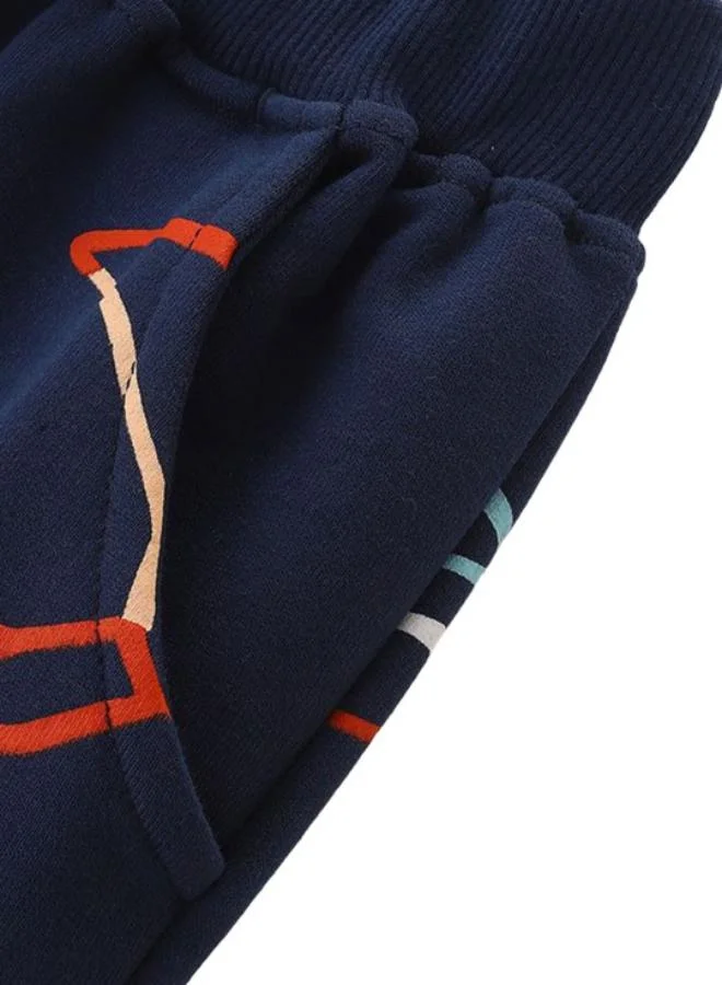 YUNIQEE Navy Blue Regular Fit Mid Rise Printed Trackpant