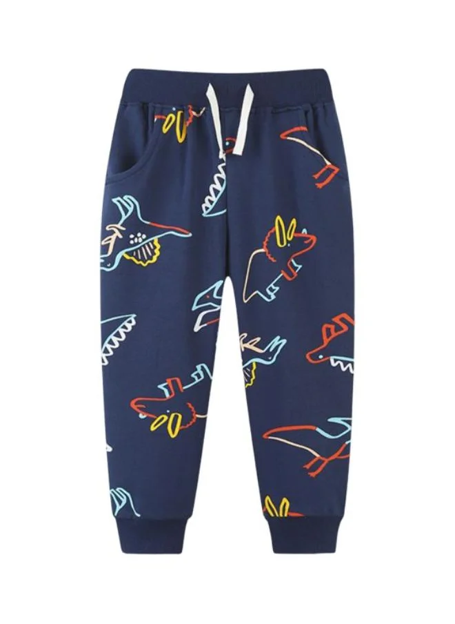 YUNIQEE Navy Blue Regular Fit Mid Rise Printed Trackpant
