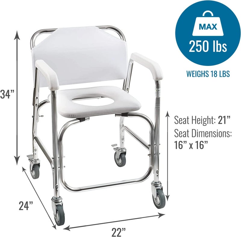DMI DMI Rolling Shower Chair Commode Transport Chair FSA Eligible Rolling Bathroom Wheelchair for Handicap Elderly Injured or Disabled Rear Locking Wheels 250 lb Weight Capacity White - Image 5