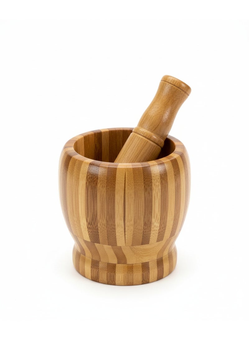 A mortar and pestle made of natural wood for grinding spices and herbs.
