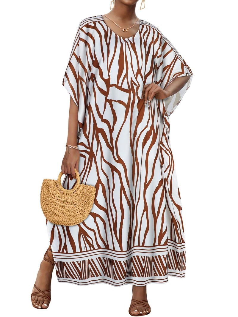 JILUVIN Kaftan Dresses for Women Plus Size V Neck Caftan Long Batwing Sleeve Swimsuit Cover Up Beach Swimwear (Beige Wave Stripes,One Size) - Image 1