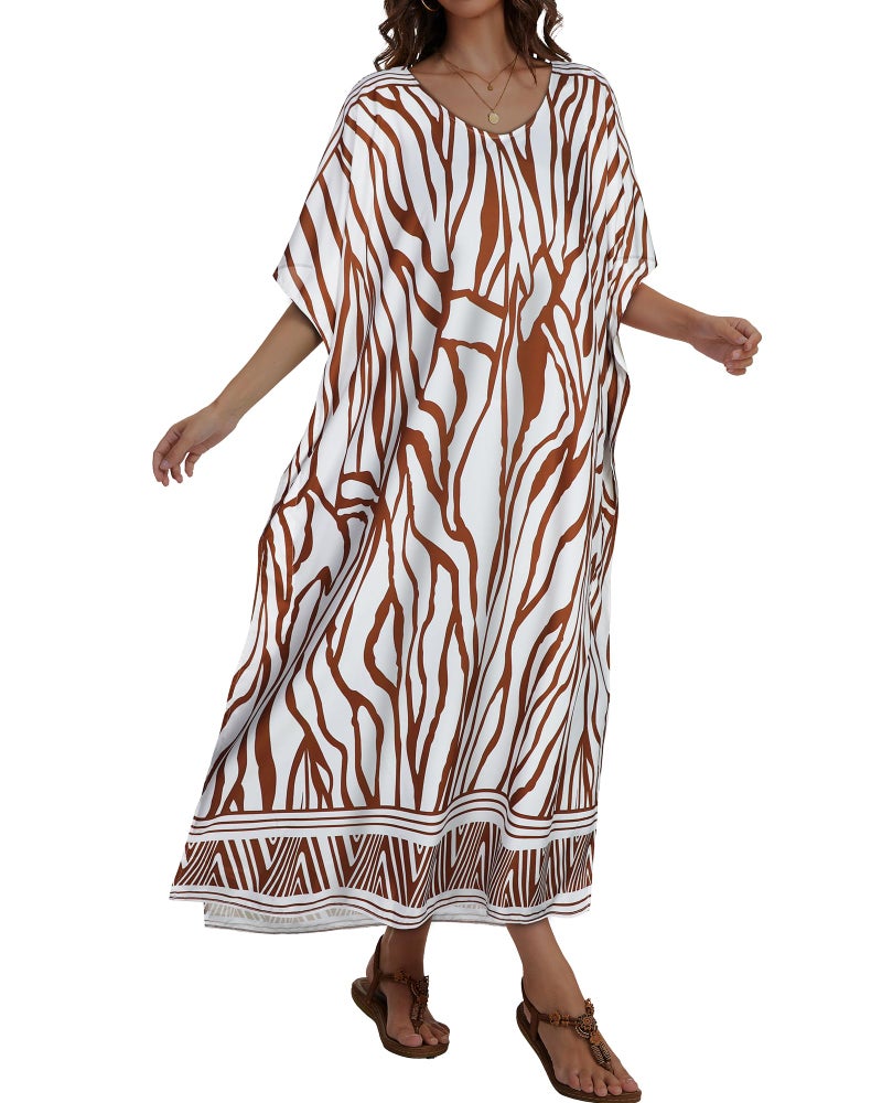 JILUVIN Kaftan Dresses for Women Plus Size V Neck Caftan Long Batwing Sleeve Swimsuit Cover Up Beach Swimwear (Beige Wave Stripes,One Size) - Image 4
