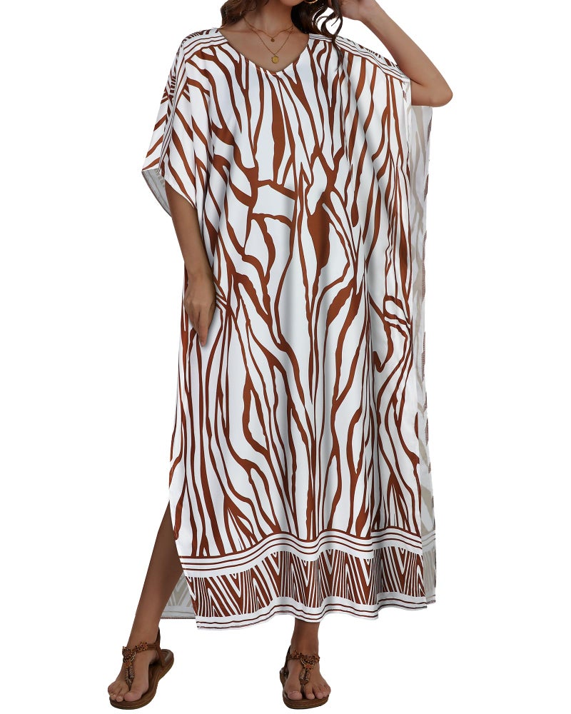 JILUVIN Kaftan Dresses for Women Plus Size V Neck Caftan Long Batwing Sleeve Swimsuit Cover Up Beach Swimwear (Beige Wave Stripes,One Size) - Image 2