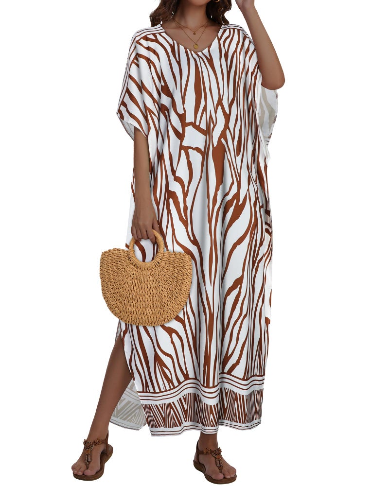 JILUVIN Kaftan Dresses for Women Plus Size V Neck Caftan Long Batwing Sleeve Swimsuit Cover Up Beach Swimwear (Beige Wave Stripes,One Size) - Image 3